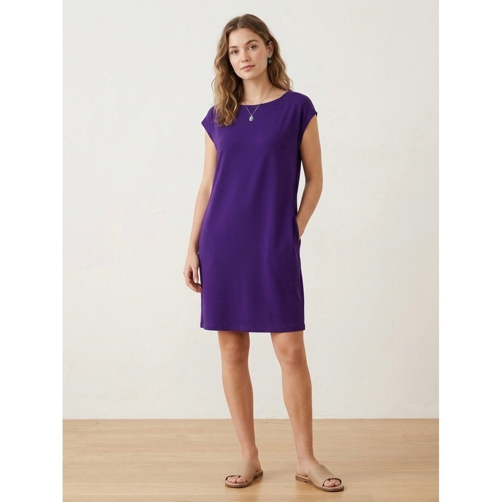 Eileen Fisher Purple Viscose Jersey Knit Cap Sleeve Shift Pocket Dress Medium